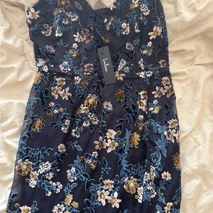 Lulu's Navy and Gold Floral Midi Dress